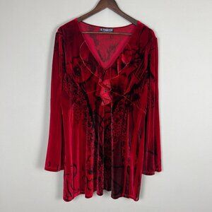 The‎ Pyramid Collection Tunic Top Womens XL Red Velvet Ruffle Floral Long Sleeve
